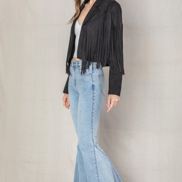 SOLD OUT Black Faux Leather Suede Fringe Cropped Western Boho Moto Jacket - Picture 6 of 8